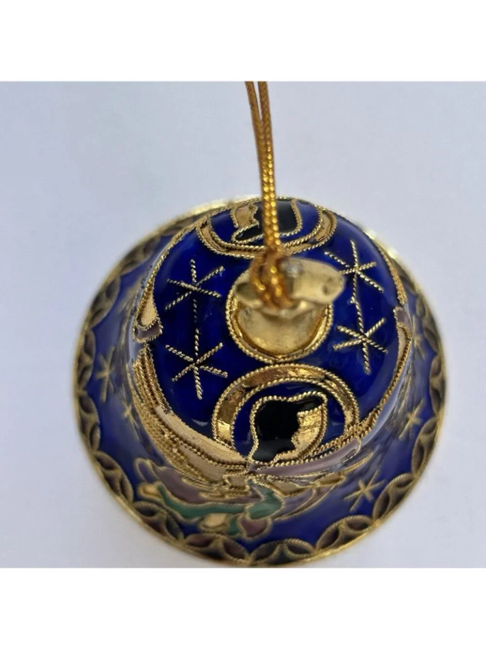 Vintage Enamel Cloisonne Bell Ornament Angel Blue Goldtone Collectible Christmas